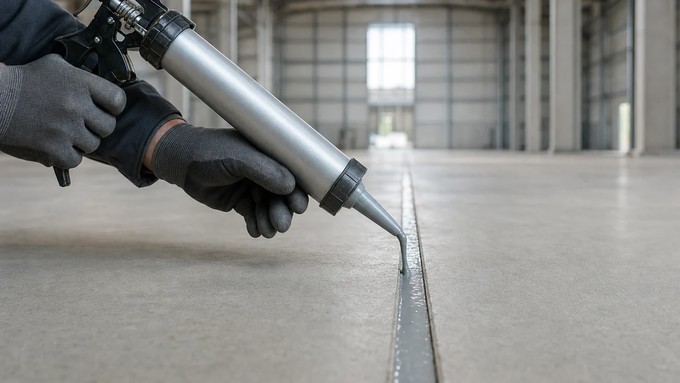 Gloved hands guiding a sealant gun that pours grey self-levelling polyurethane sealant into a saw-cut joint in a concrete warehouse floor
