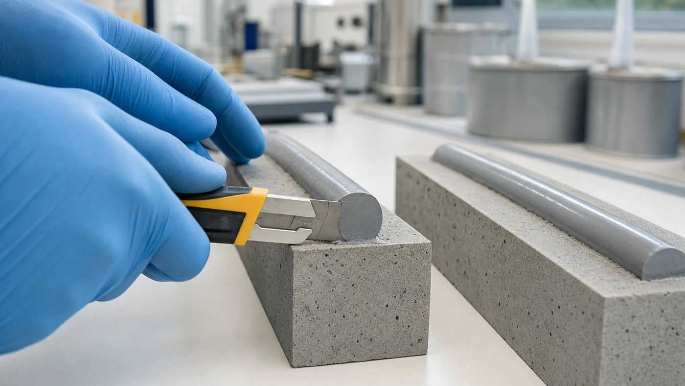 Gloved hand cutting across a cured grey sealant bead on a concrete test block with a utility knife in a lab