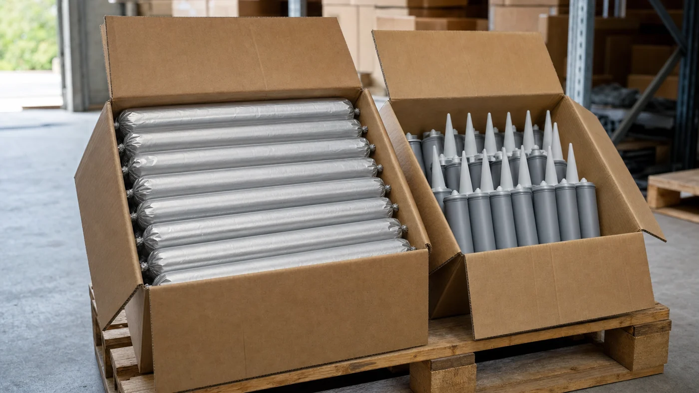 Open cartons of plain silver foil sausage packs and plain grey sealant cartridges on a pallet in a distributor warehouse
