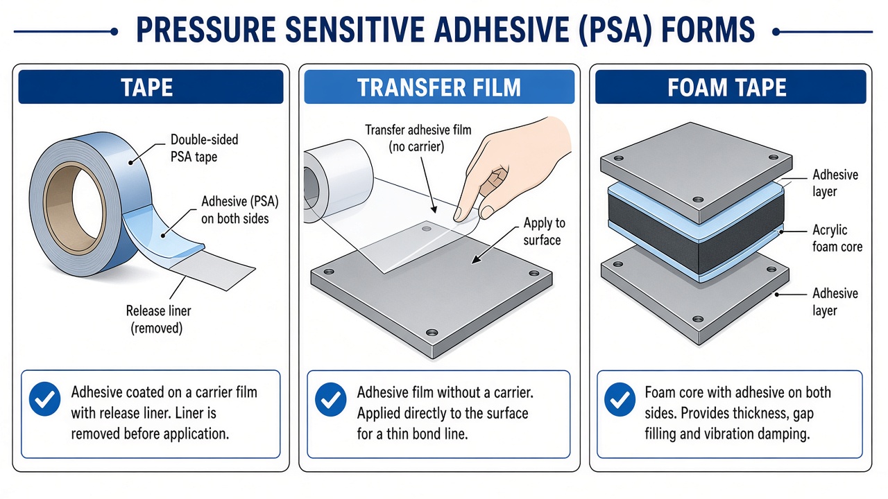 Side-by-side comparison of double-sided PSA tape, transfer adhesive film, and acrylic foam tape