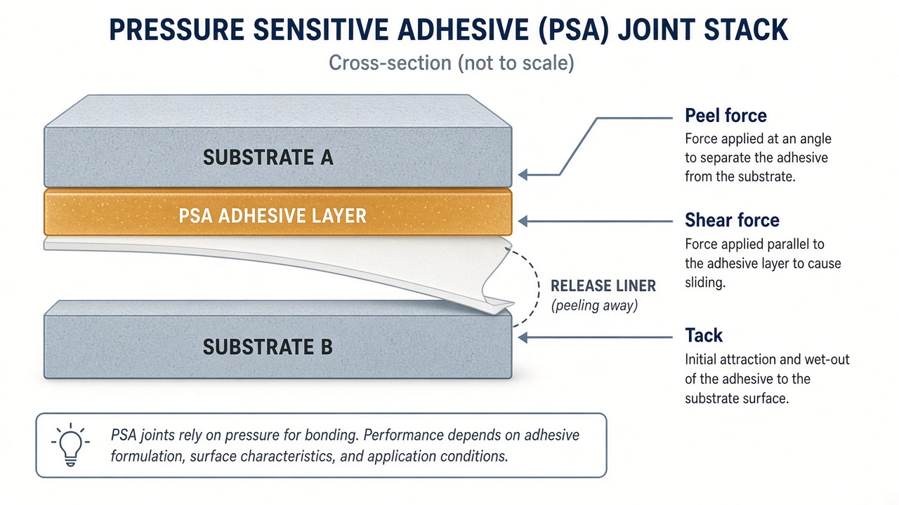 Cross-section of a PSA joint showing peel force, shear force, and tack on substrate layers