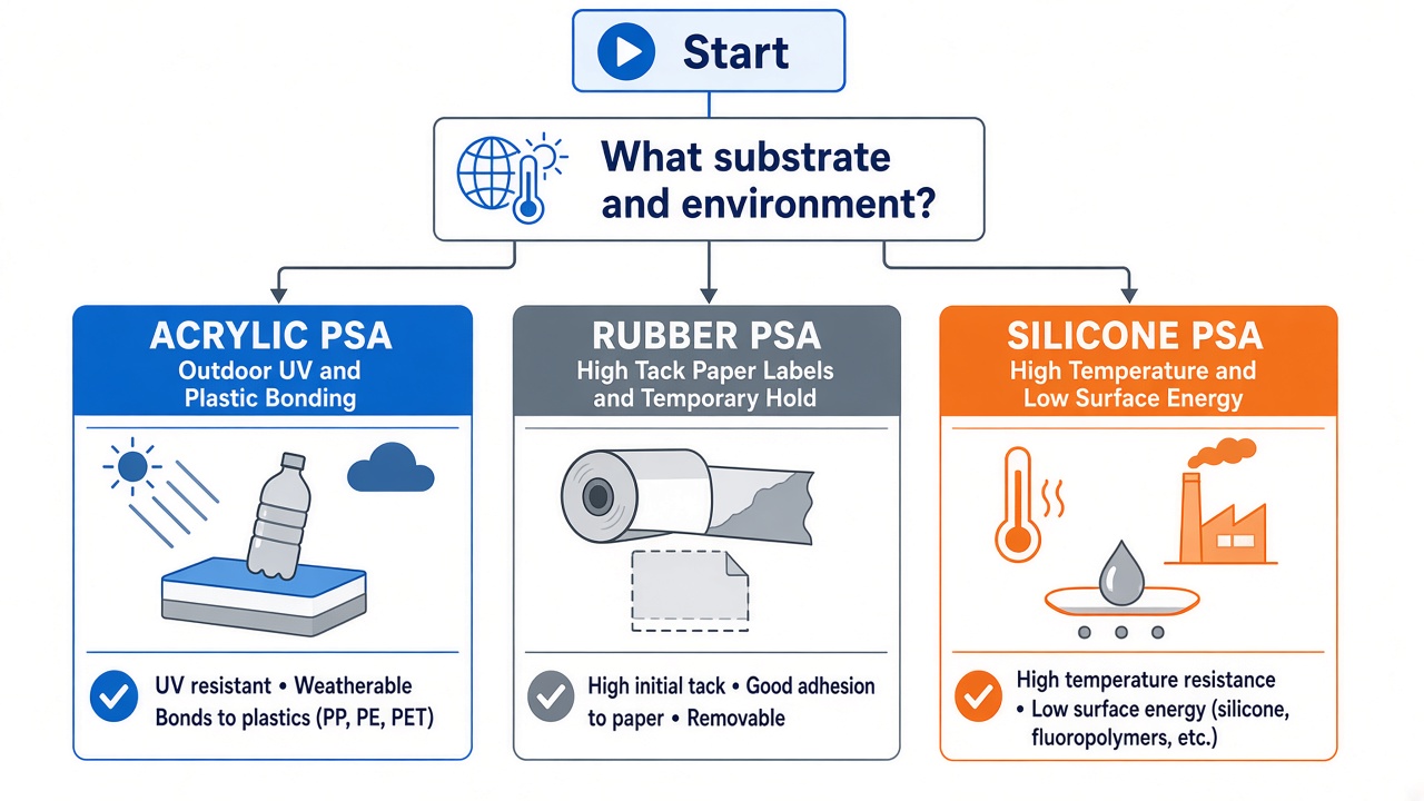 Decision flowchart choosing acrylic, rubber, or silicone pressure sensitive adhesive by substrate and environment