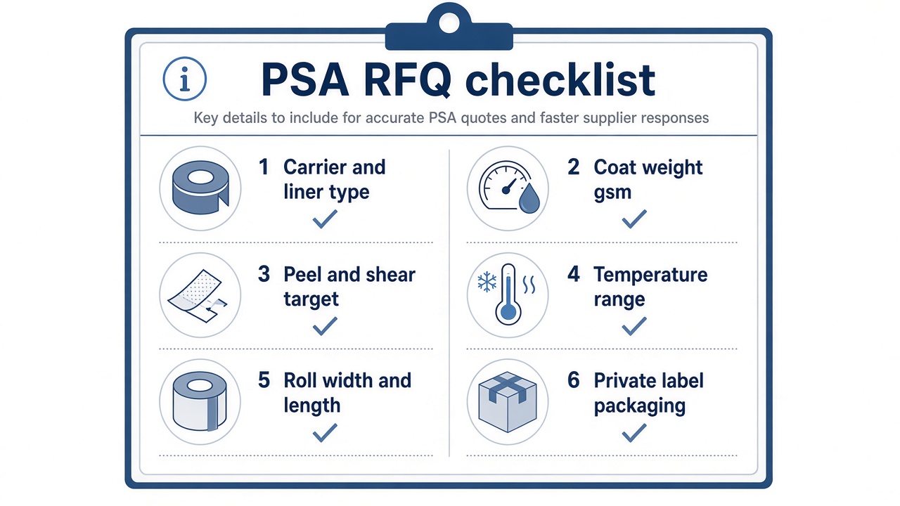 PSA RFQ checklist covering carrier, coat weight, peel shear, temperature, roll size, and private label packaging
