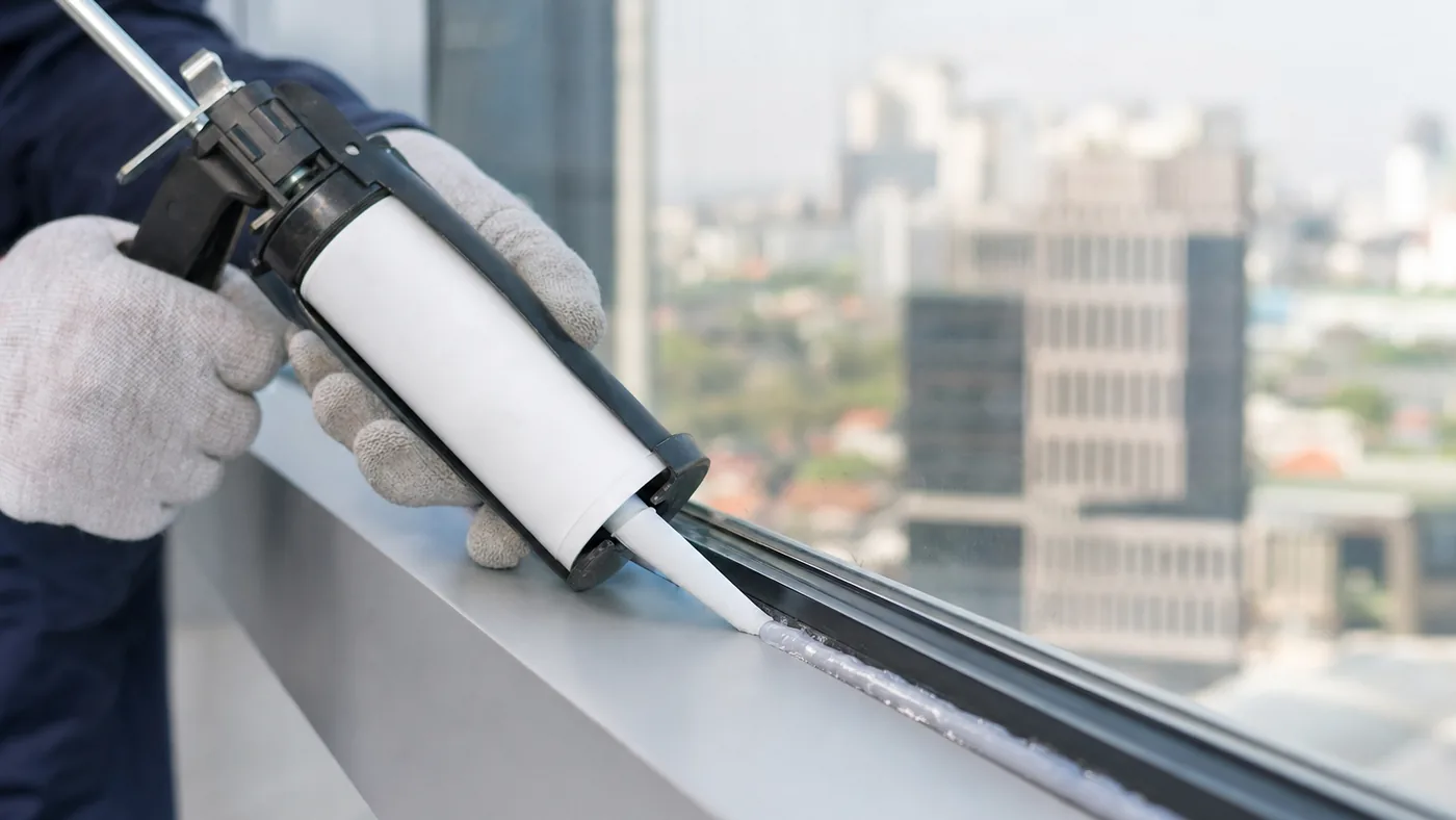 Gloved hands running a bead of translucent silicone sealant along the joint between glass and an aluminium window frame