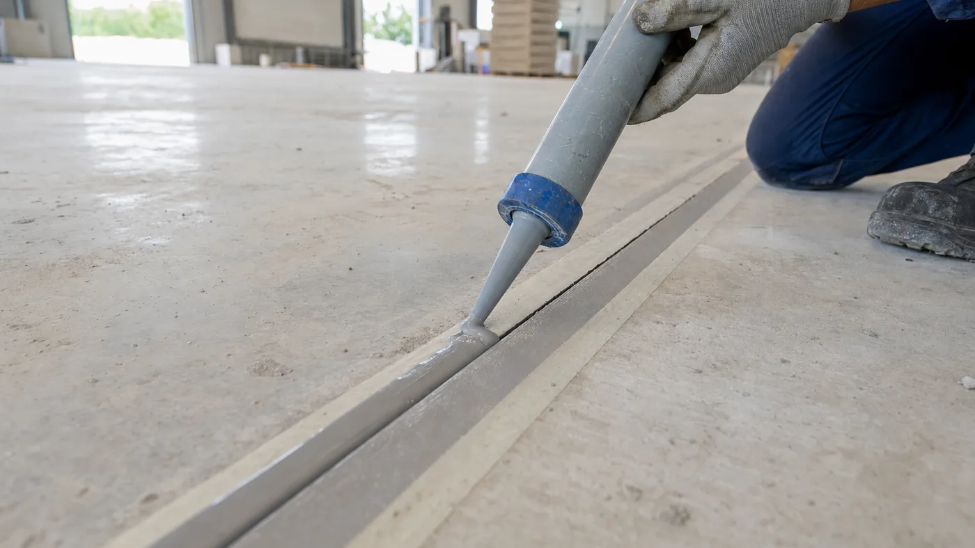 Caulking gun filling a concrete floor expansion joint in a warehouse with grey polyurethane sealant
