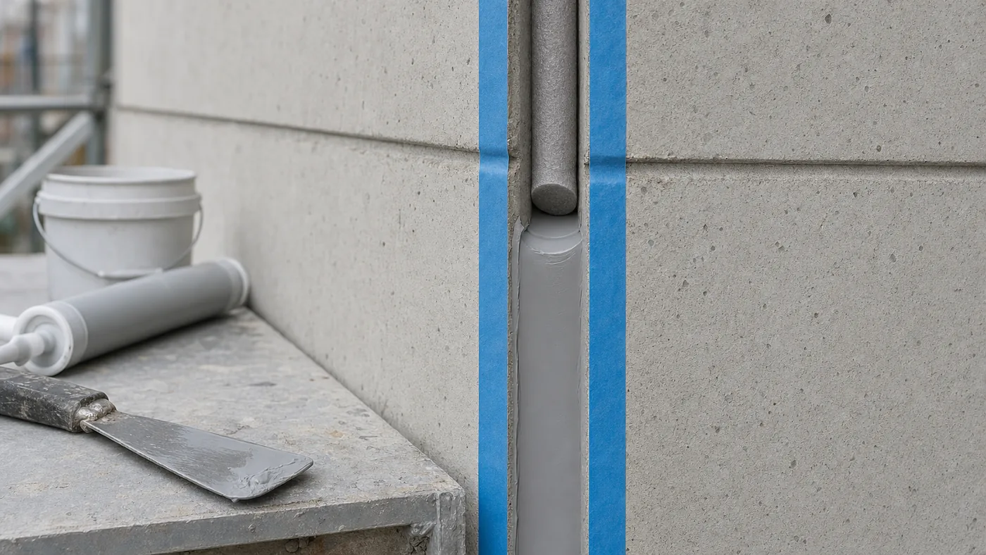 Foam backer rod set in a joint between precast concrete panels, with masking tape along both edges and a tooled grey sealant bead below it