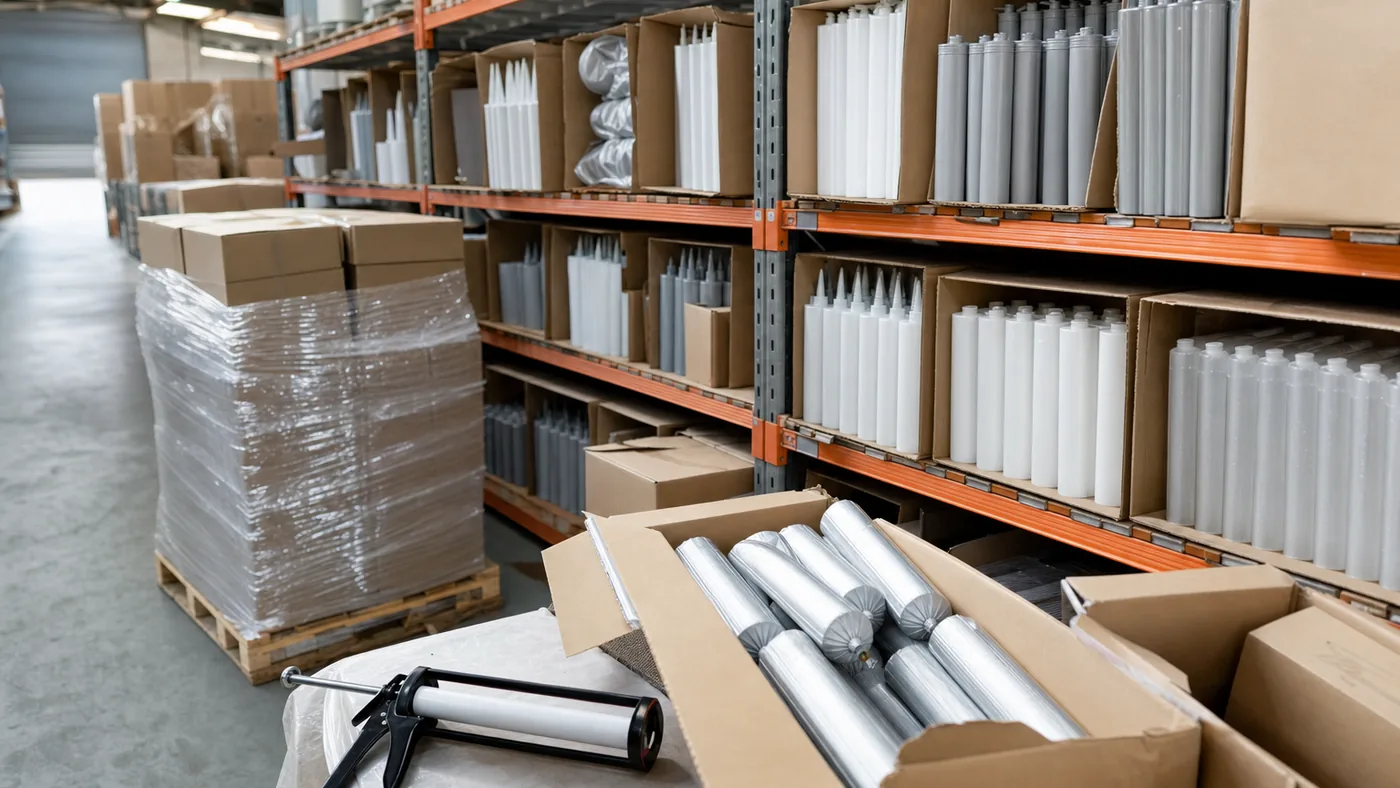 Distributor warehouse shelves holding cartons of plain sealant cartridges and foil sausage packs next to a shrink-wrapped pallet