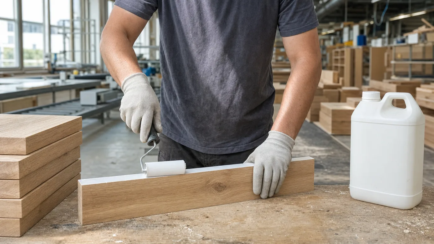 Worker in gloves rolling a thin film of white PVA wood glue along an oak board edge in a furniture factory, with a plain glue jug and stacked boards nearby