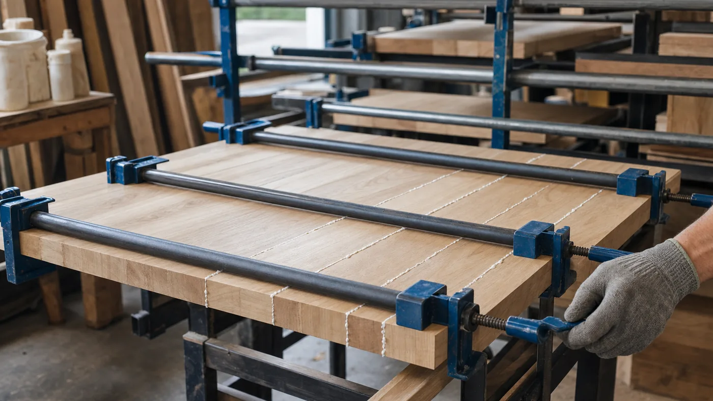 Edge-glued solid-wood tabletop panel held in blue steel bar clamps with white PVA squeeze-out along the glue lines, and a gloved hand tightening a clamp