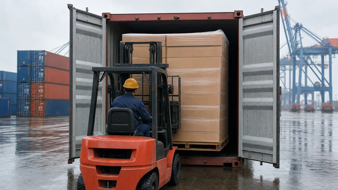 Forklift loading a shrink-wrapped pallet of flat-pack furniture cartons into a shipping container at a wet, humid container port