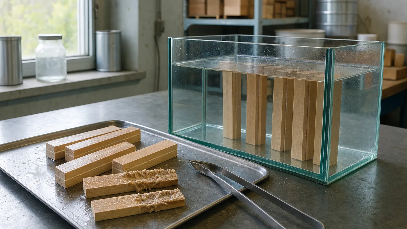 Bonded beech wood test specimens soaking in a glass water tank, with wet and split specimens showing wood-fibre tear on a steel lab tray