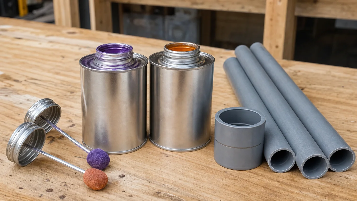 Plumbing bench with a plain purple primer can, a plain orange-tinted solvent cement can, and two daubers beside cut PVC pipe lengths