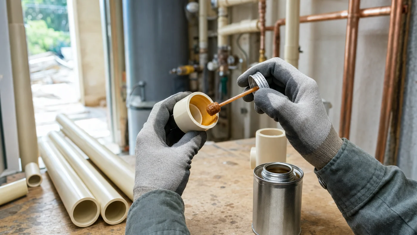 Gloved hand applying solvent cement inside a beige CPVC socket for a hot-water pipe run, with more CPVC lengths on a jobsite bench