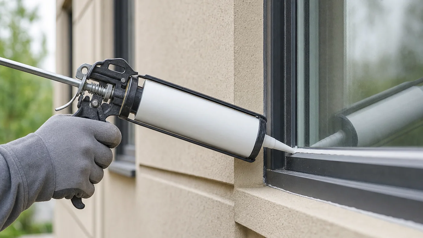 Gloved hand tooling a neat bead of general-purpose silicone sealant along an exterior window joint with a plain unmarked cartridge in a caulking gun