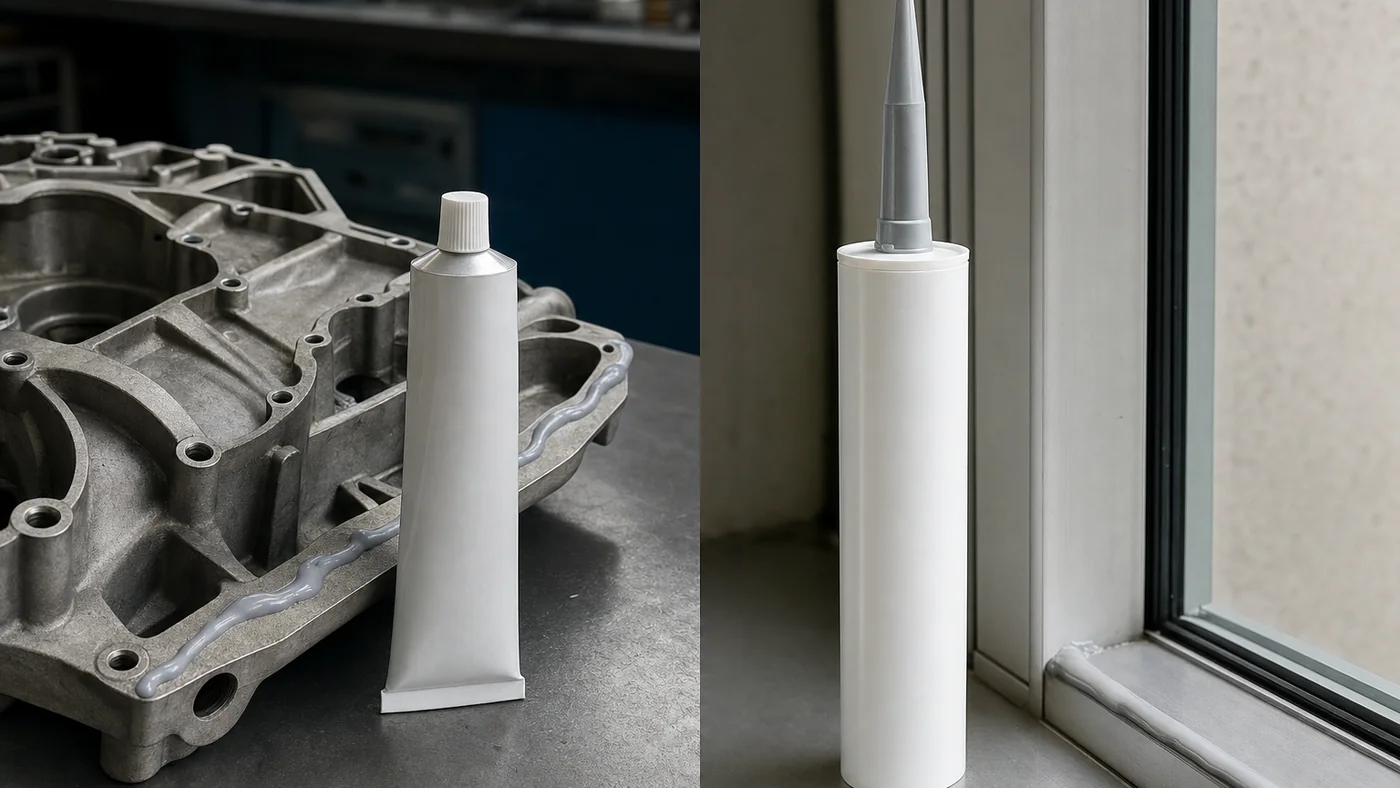 Side-by-side MRO stations: left a plain unmarked RTV gasket-maker tube beside an engine metal flange with grey FIPG bead; right a plain unmarked silicone cartridge beside a building joint on aluminium