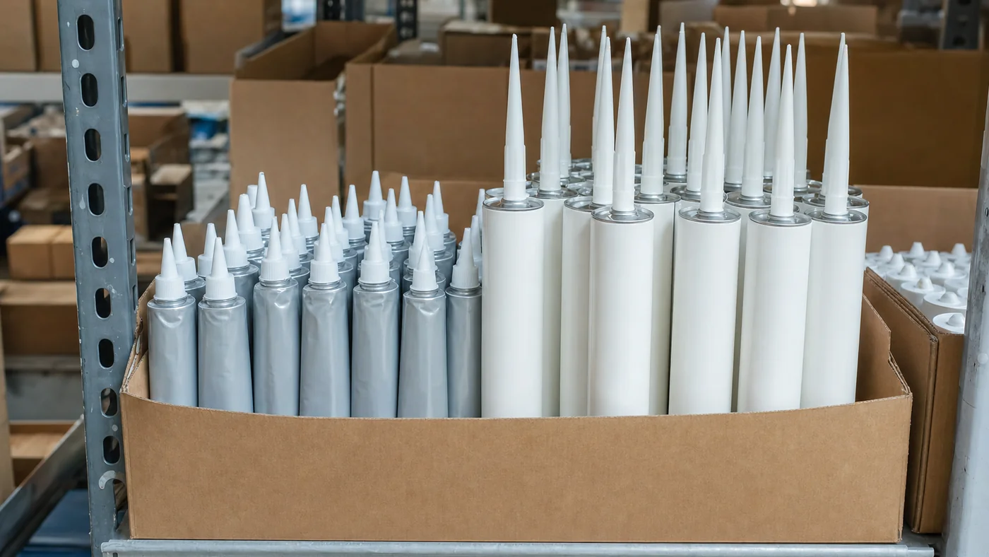Parts warehouse shelf with rows of plain unmarked RTV gasket-maker tubes and silicone sealant cartridges in open brown cartons ready for MRO dispatch