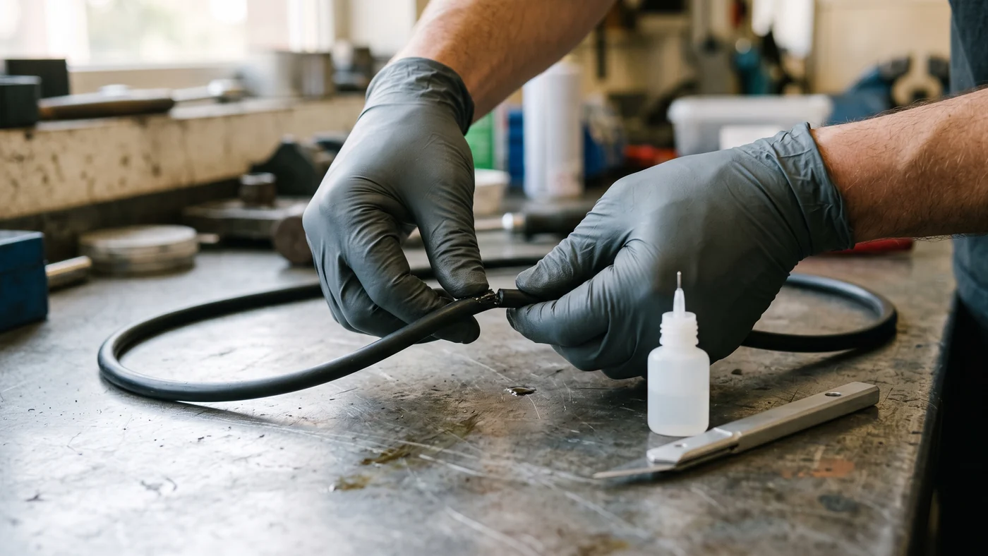 Two gloved hands pressing together the cut ends of a black rubber O-ring cord beside a small plain instant glue bottle and a craft knife on a steel bench
