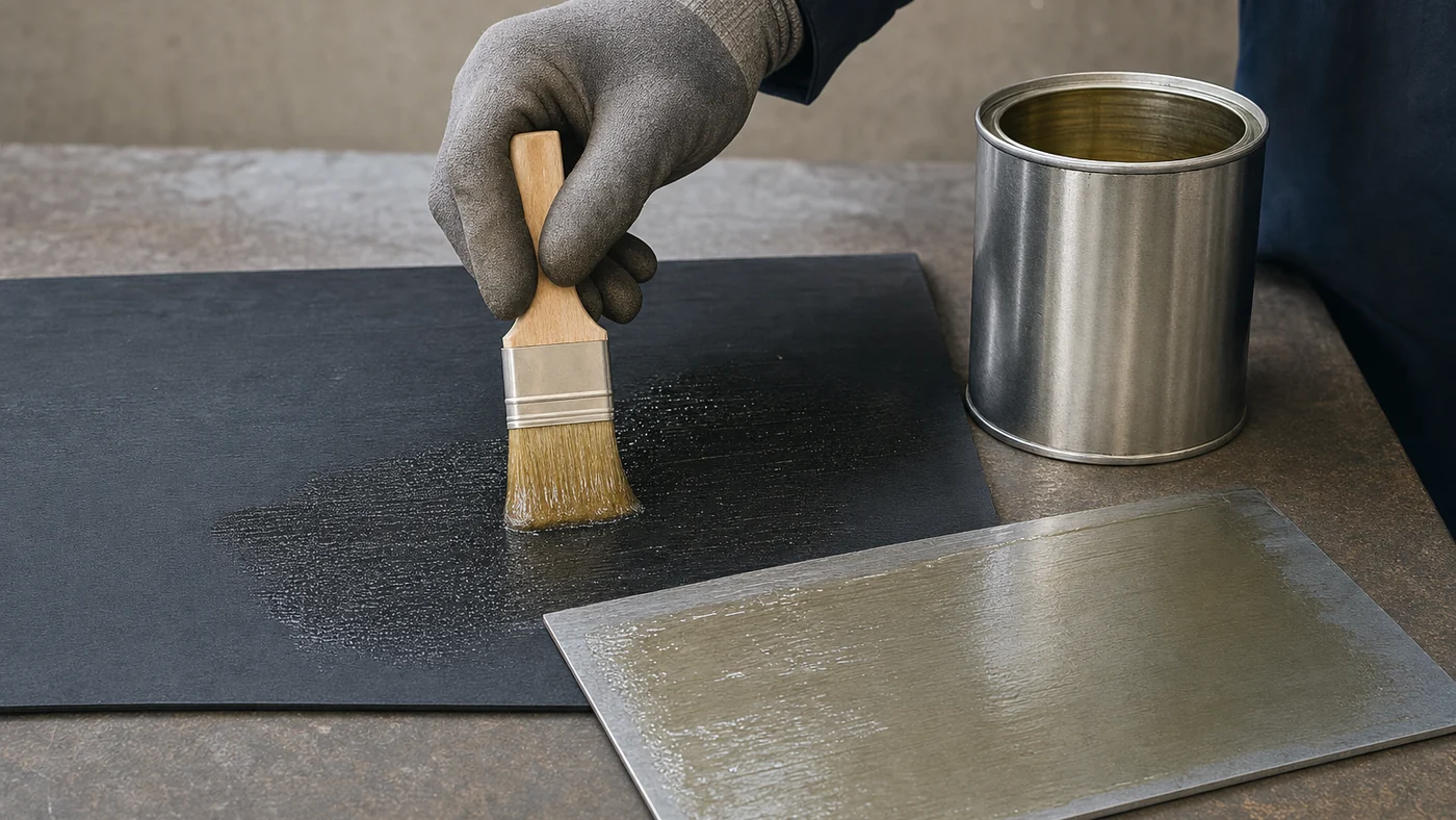 Gloved hand brushing a thin coat of amber contact adhesive onto a black rubber sheet beside a coated steel plate and a small plain metal can
