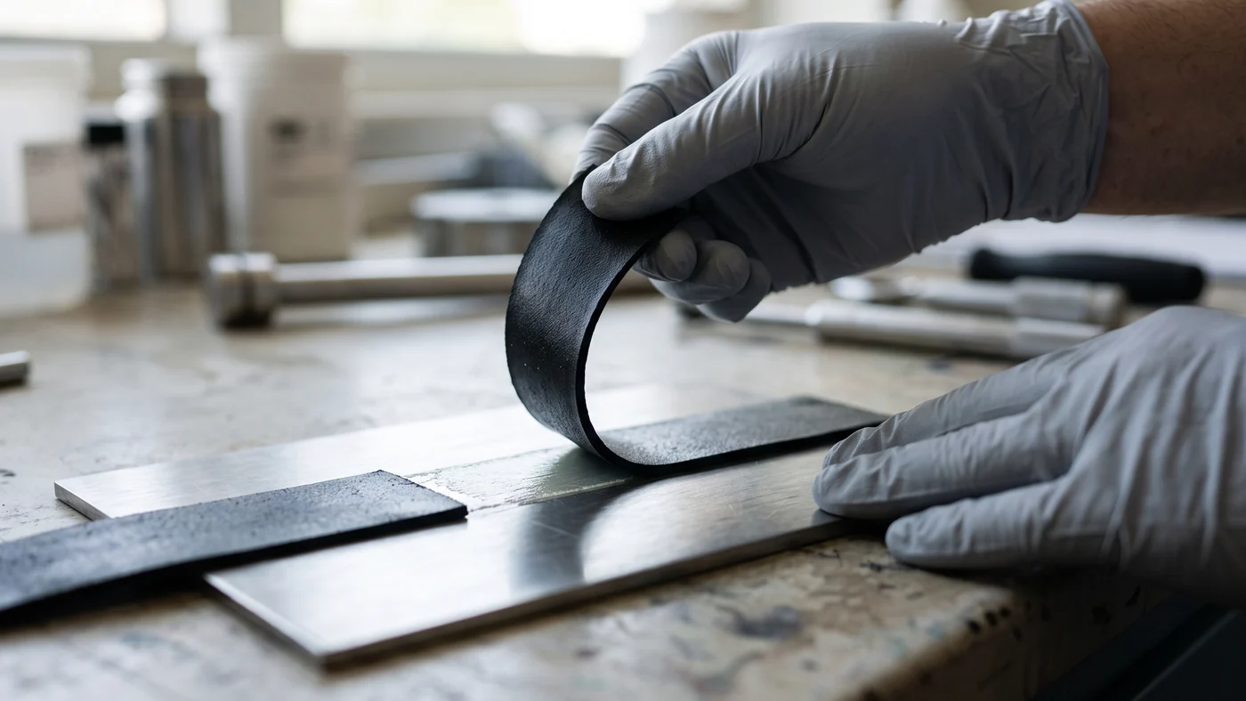 Gloved hands peeling a bonded black rubber strip back from a brushed steel test plate on a lab bench, showing the adhesive layer