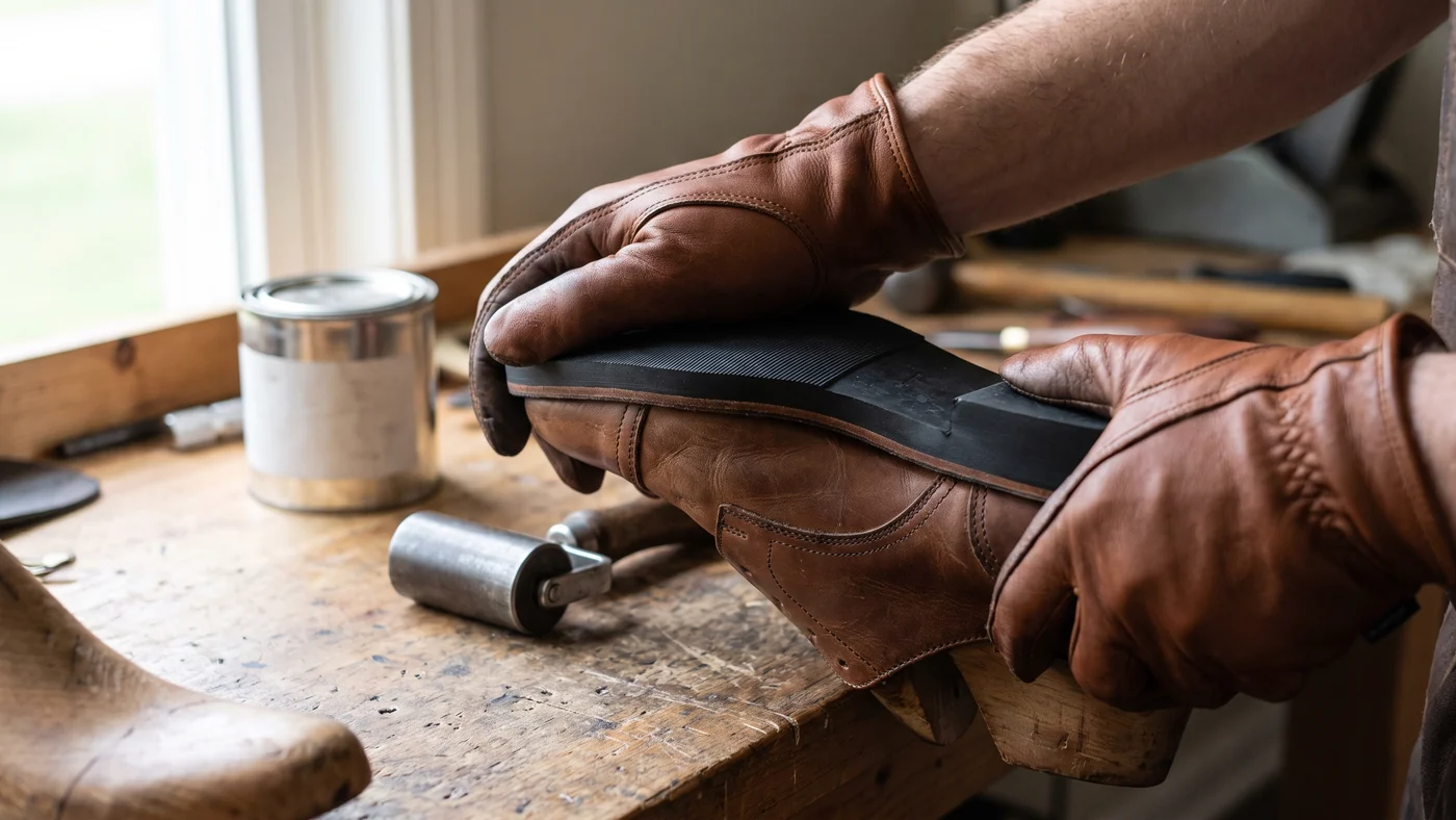 Two hands in leather work gloves pressing a black rubber sole onto a brown leather shoe on a last, a steel hand roller and a plain metal can on the bench
