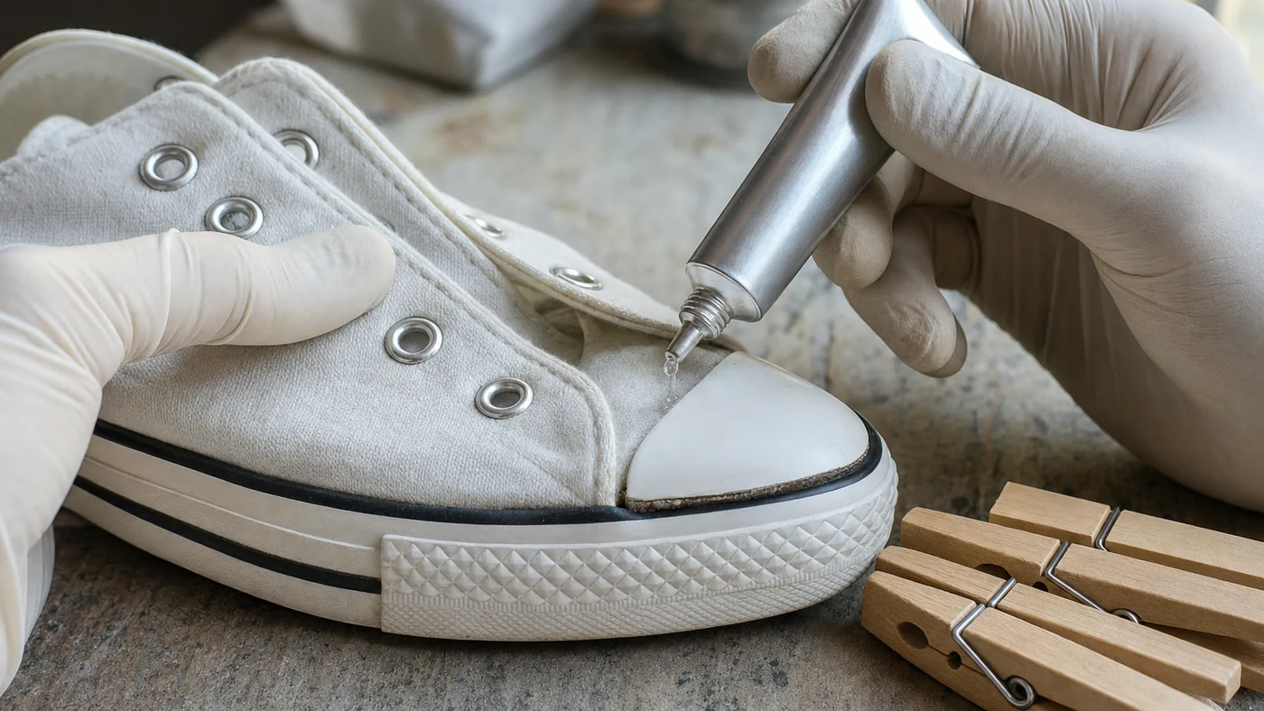 Gloved hand squeezing a tiny drop of clear adhesive from a small plain metal tube into a short gap where the white rubber toe cap has lifted from a white canvas sneaker