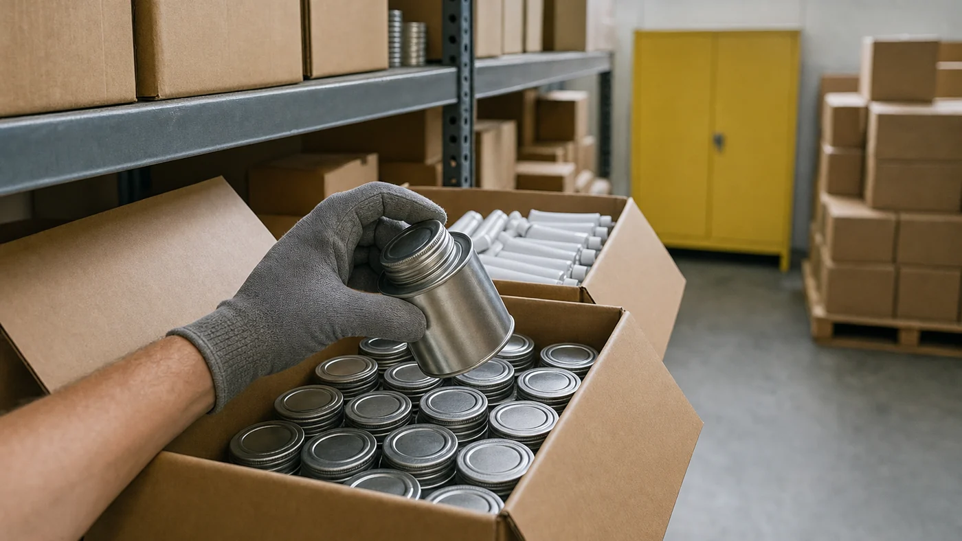 Gloved hand lifting a small plain silver metal adhesive can from an open carton of cans and tubes on a steel warehouse shelf, a yellow flammables cabinet blurred behind