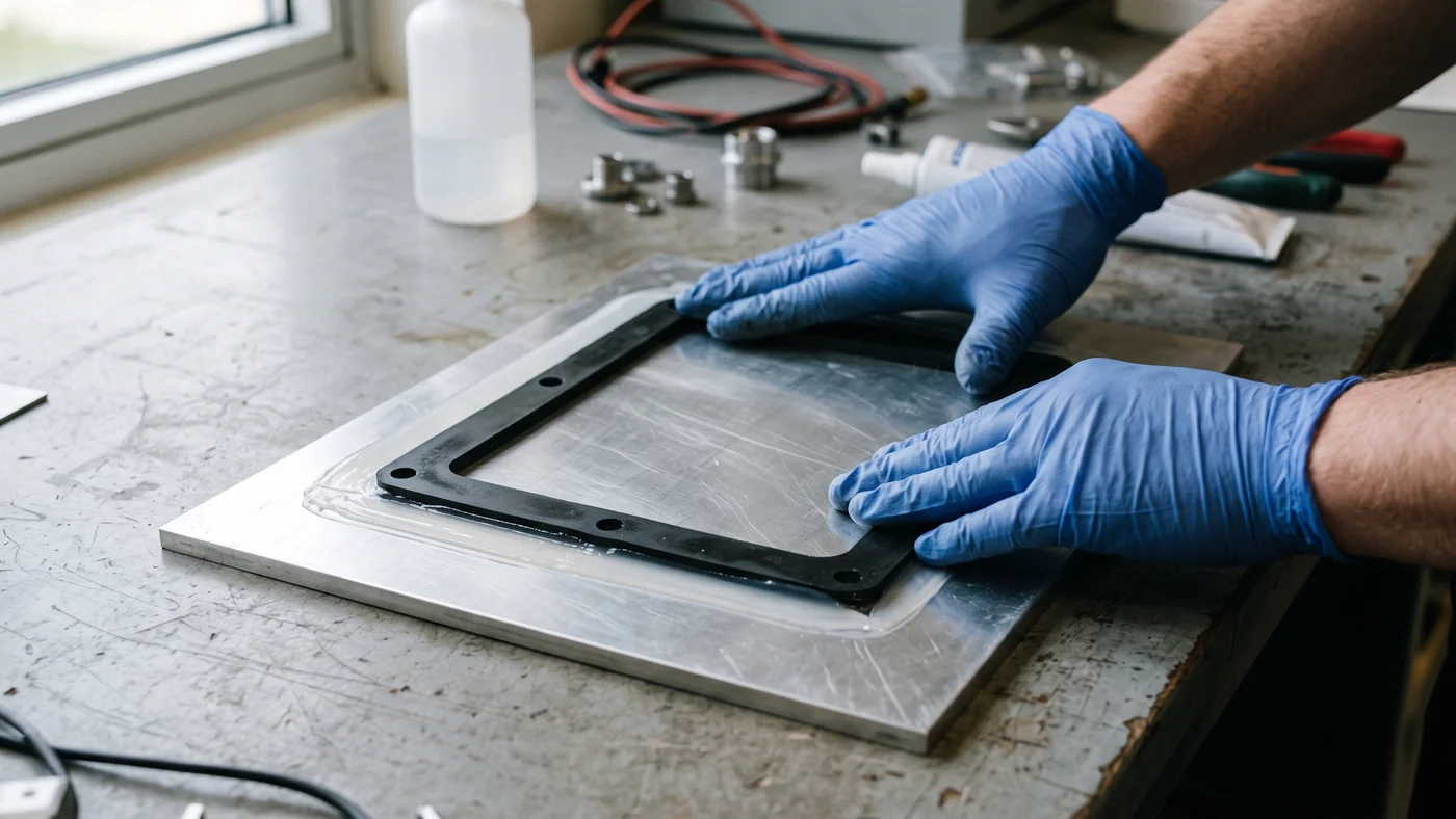 Gloved hands pressing a black rubber gasket pad onto an aluminium plate coated with a thin translucent silicone adhesive layer
