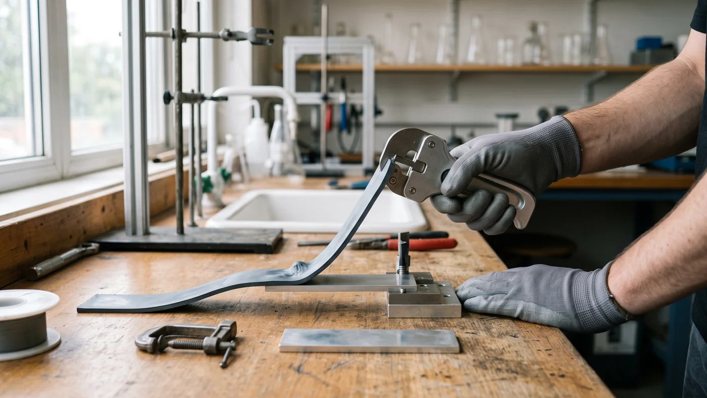 Gloved hand peeling a flexible rubber strip bonded with silicone adhesive away from a metal coupon in a materials lab