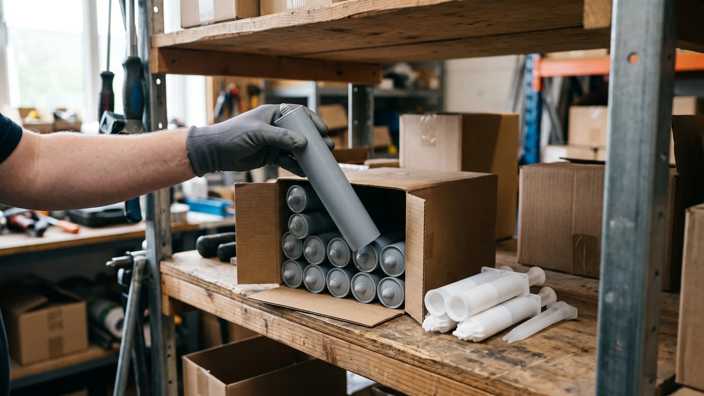 Open carton of plain grey silicone adhesive cartridges and plain white dual-syringe packs on a stockroom shelf, gloved hand lifting one cartridge