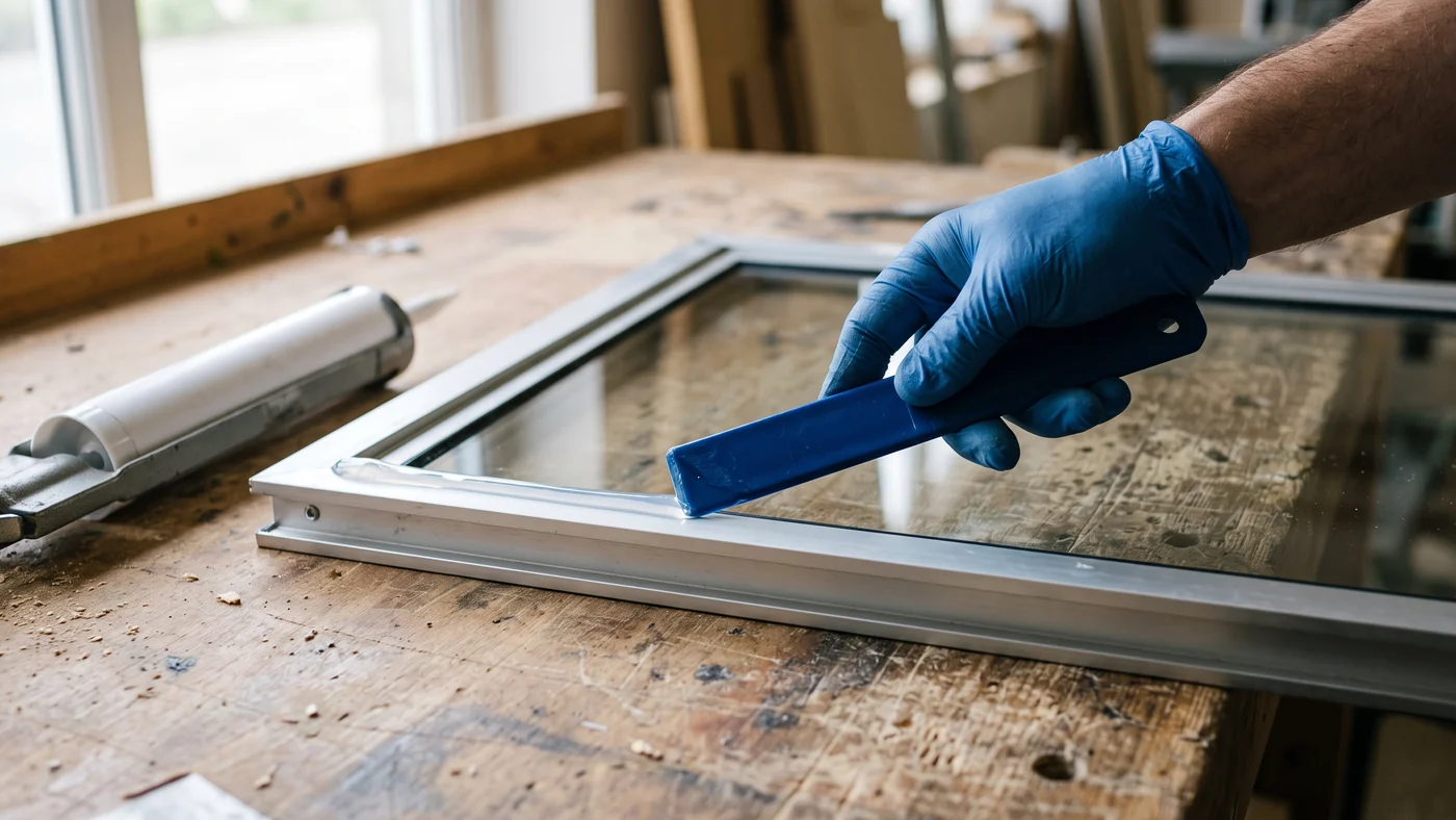 Gloved hand tooling a fresh translucent clear silicone bead along the joint between a glass pane and a silver aluminium frame on a workbench