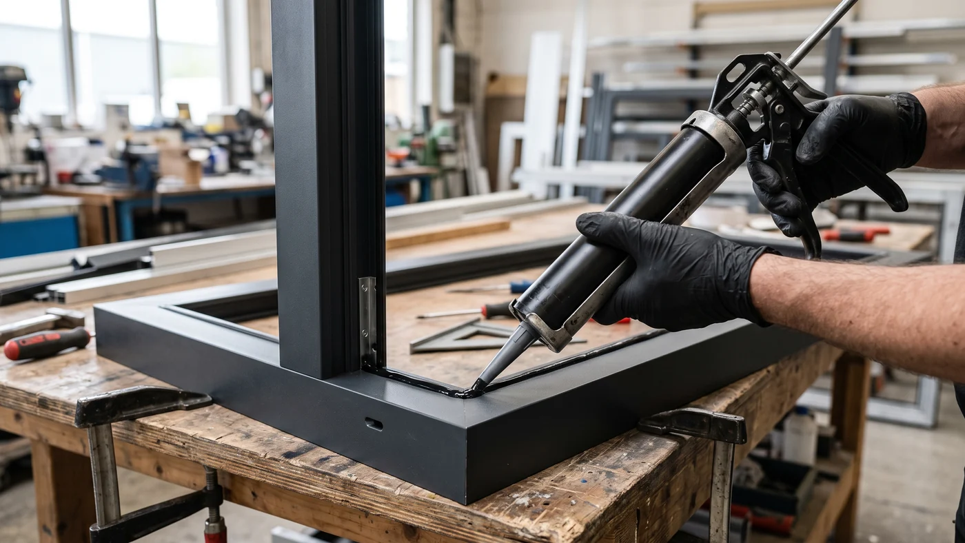 Gloved hands running a caulking gun with a smooth black silicone bead along the inside corner joint of a dark anthracite aluminium window frame on a workshop bench