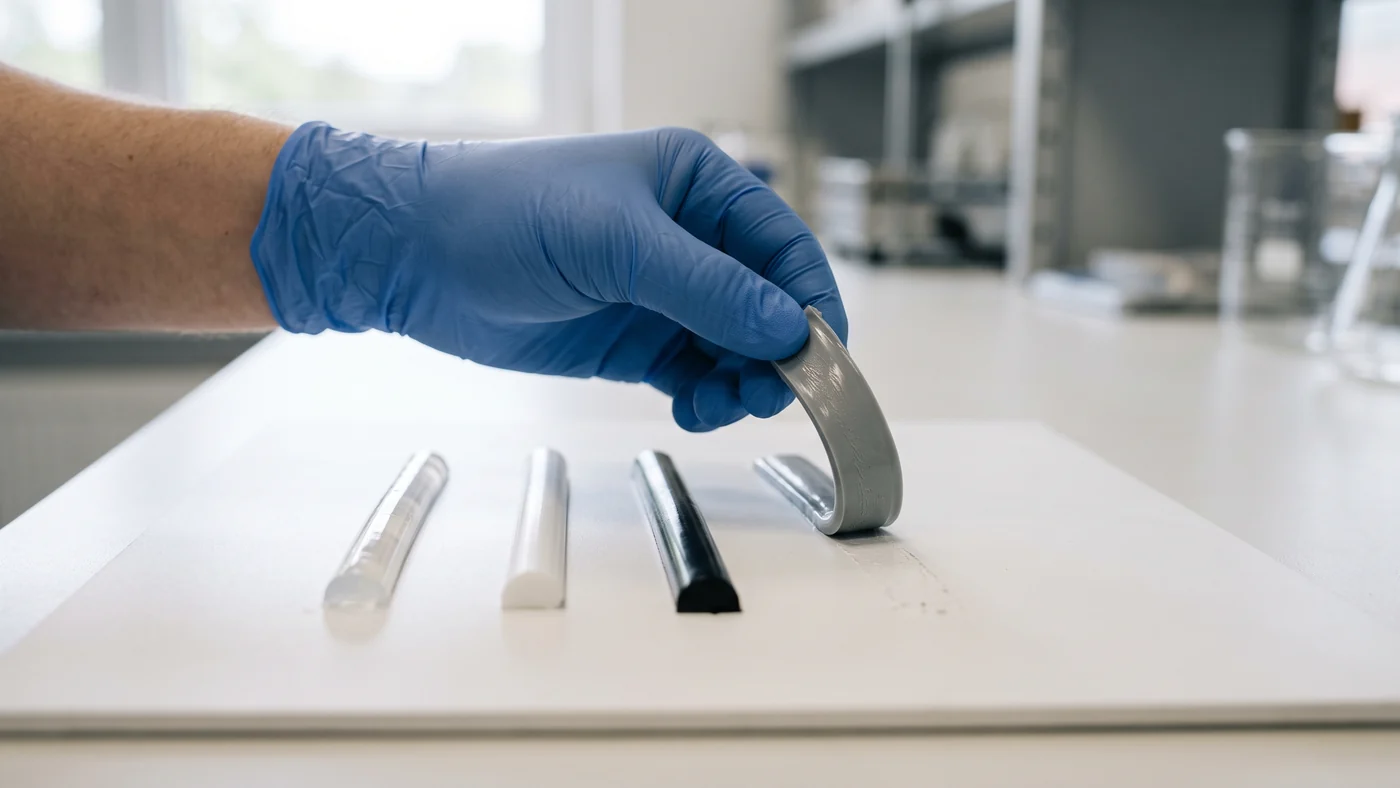 Row of cured silicone sealant sample beads in clear, white, black and grey on a plain white lab board, gloved hand holding up a cured grey strip for inspection