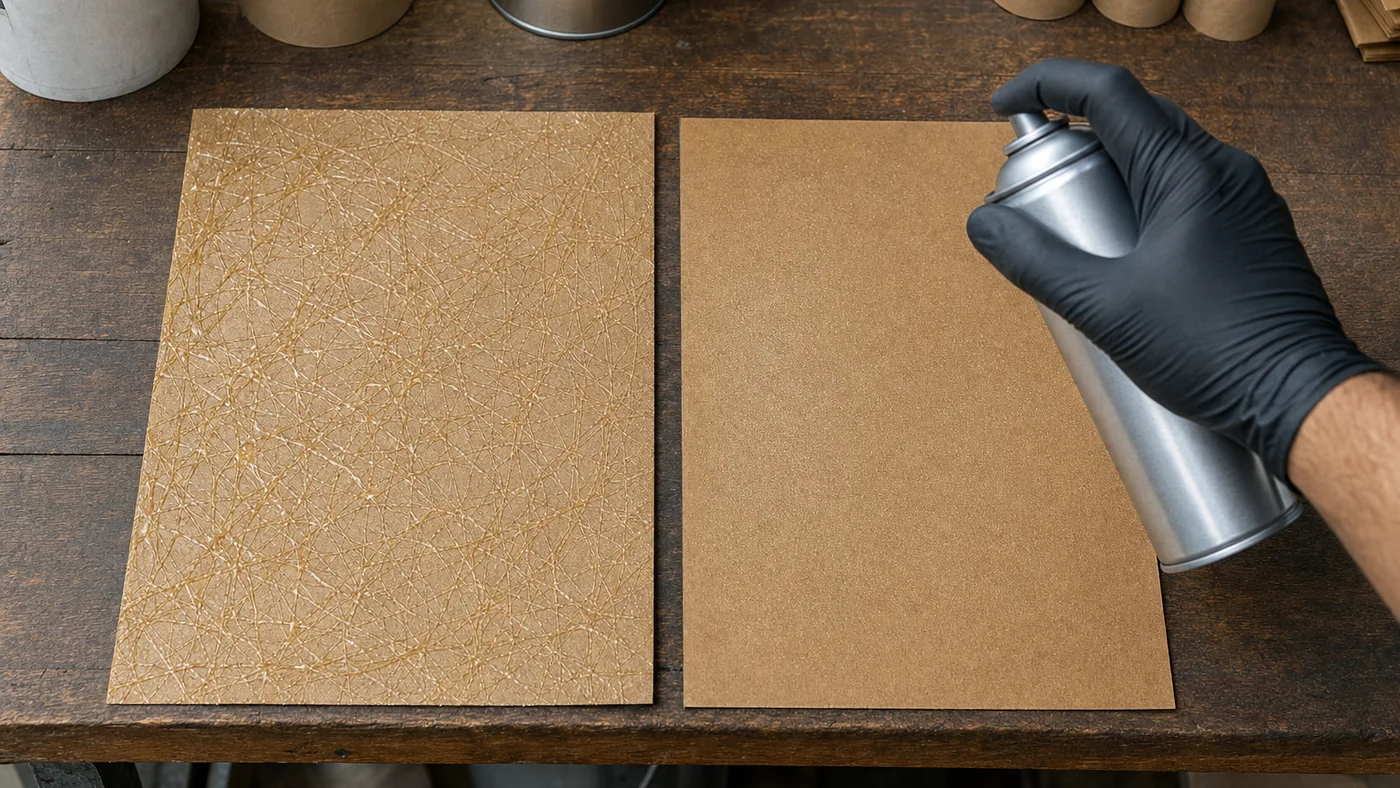 Two kraft-paper sheets on a bench showing a heavy web-strand spray pattern beside a fine mist pattern, gloved hand holding a plain aerosol can above the mist sheet