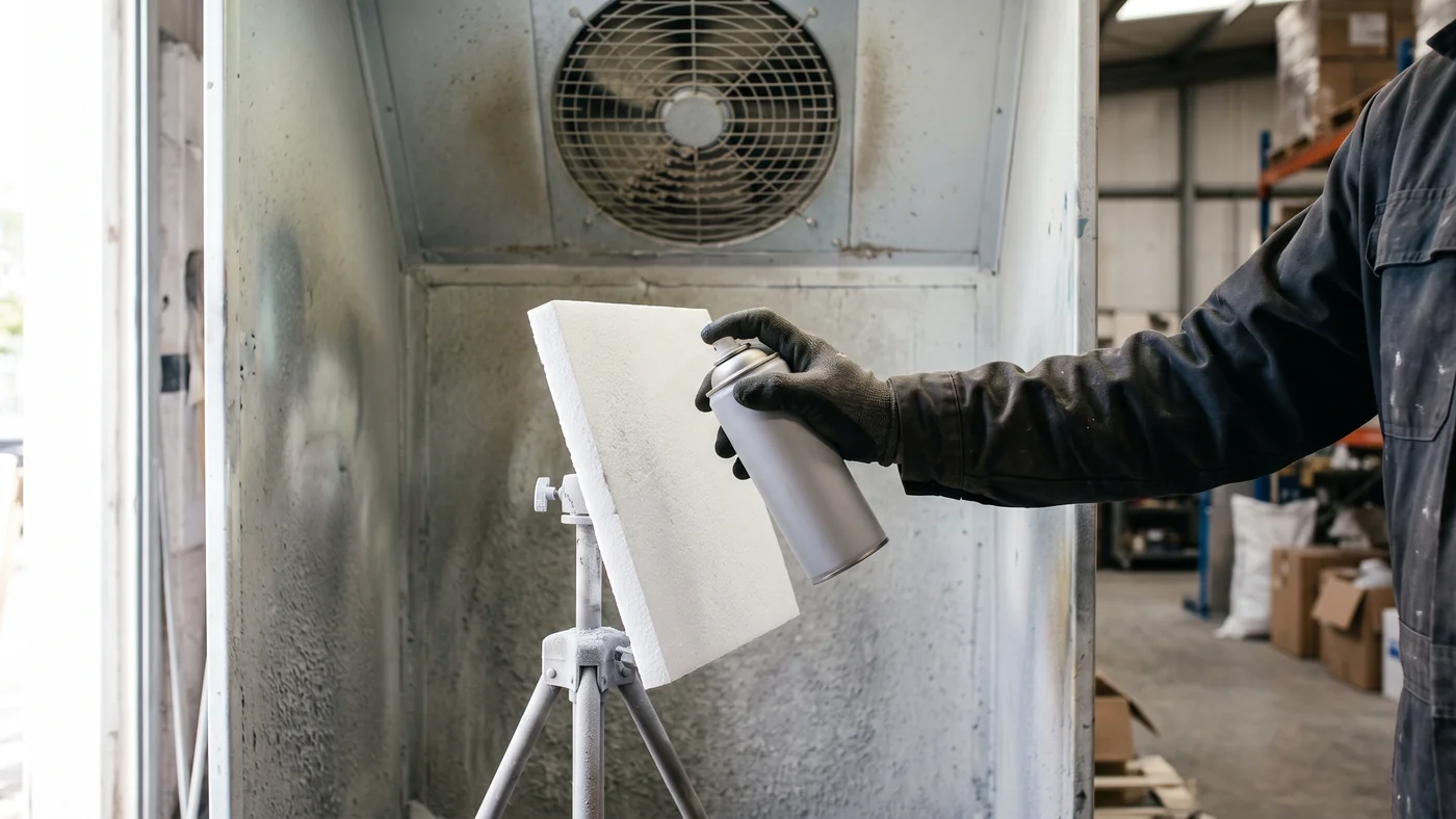 Gloved hand spraying adhesive from a plain aerosol can onto a foam panel inside an industrial spray booth with an overhead exhaust grille