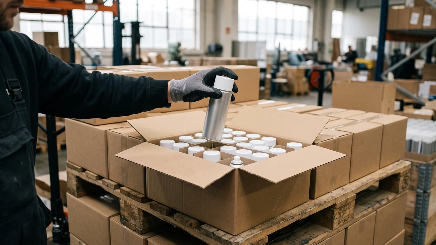 Open plain cartons of identical silver aerosol cans with blank white caps on a warehouse pallet, gloved hand lifting one can