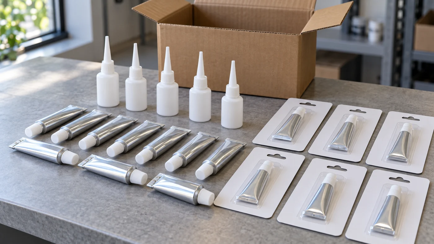 Rows of small plain aluminium instant glue tubes, small white bottles with long precision nozzles and blank blister cards holding single tubes, grouped in two families on a grey counter with an open carton behind