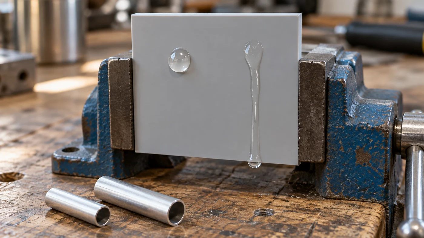 Grey plastic panel clamped upright in a vise with a thick clear gel drop staying in place on the left and a thin clear liquid drop that has run down the panel in a long streak on the right