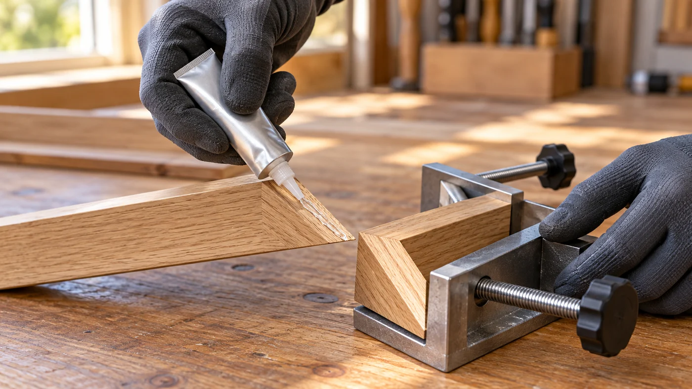 Gloved hand squeezing a plain aluminium tube to lay a short bead of clear gel instant glue on the cut face of an oak picture frame mitre corner held in a small corner clamp