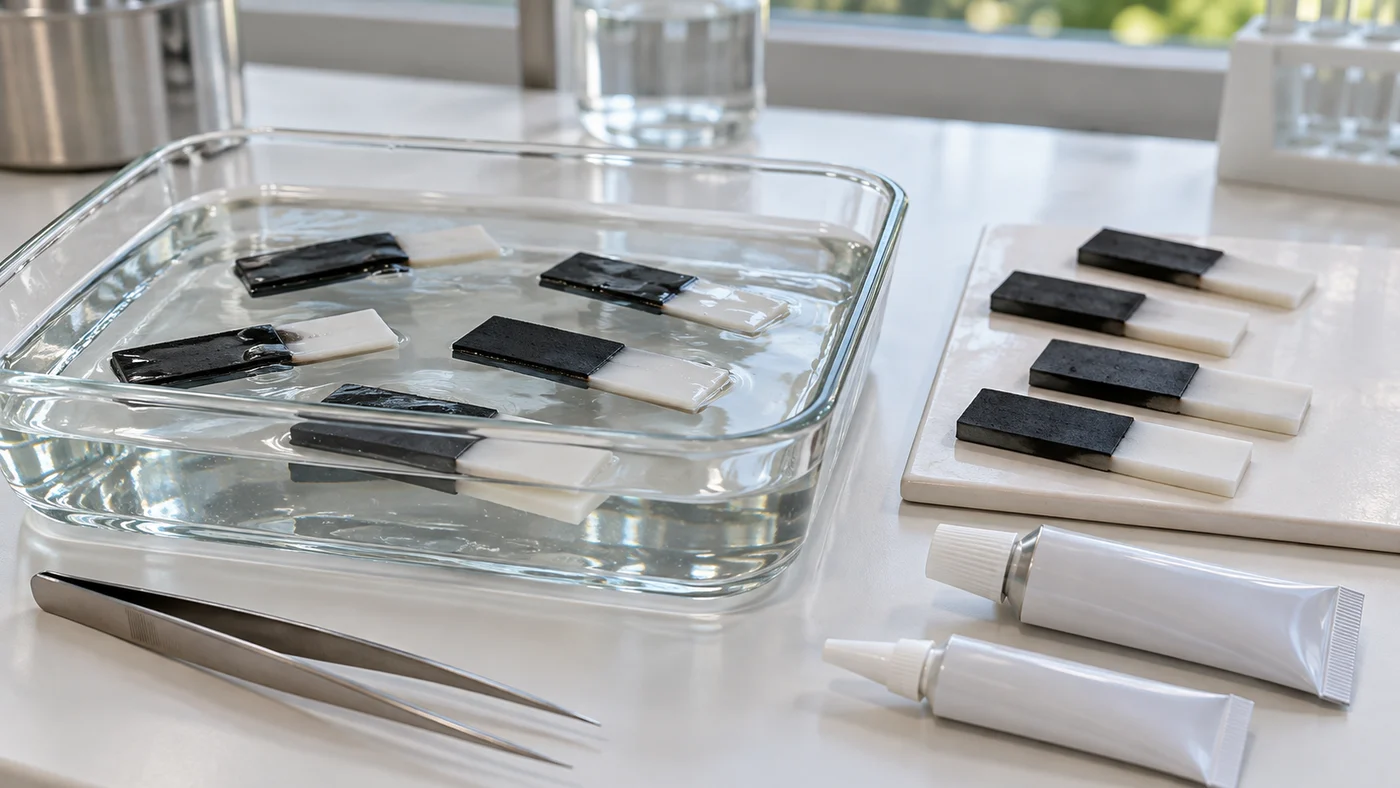 Bonded rubber and white plastic test pieces submerged in a shallow glass tray of water, more bonded pieces drying on a white tile beside it with tweezers and two small plain glue tubes