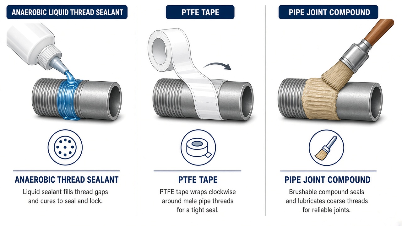 Side-by-side comparison of anaerobic thread sealant, PTFE tape, and pipe joint compound on metal pipe threads