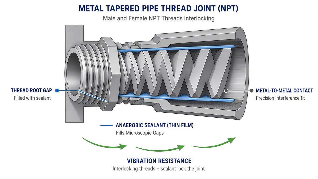 Cutaway of tapered metal pipe threads showing anaerobic sealant filling root gaps between metal contacts