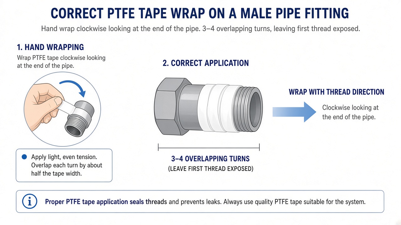 Correct clockwise PTFE tape wrap on male pipe threads with first thread left exposed