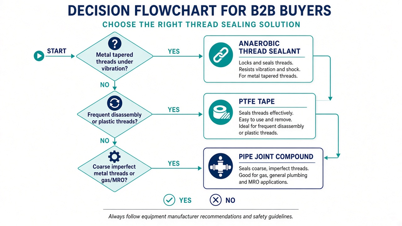 B2B decision flowchart choosing anaerobic thread sealant, PTFE tape, or pipe joint compound