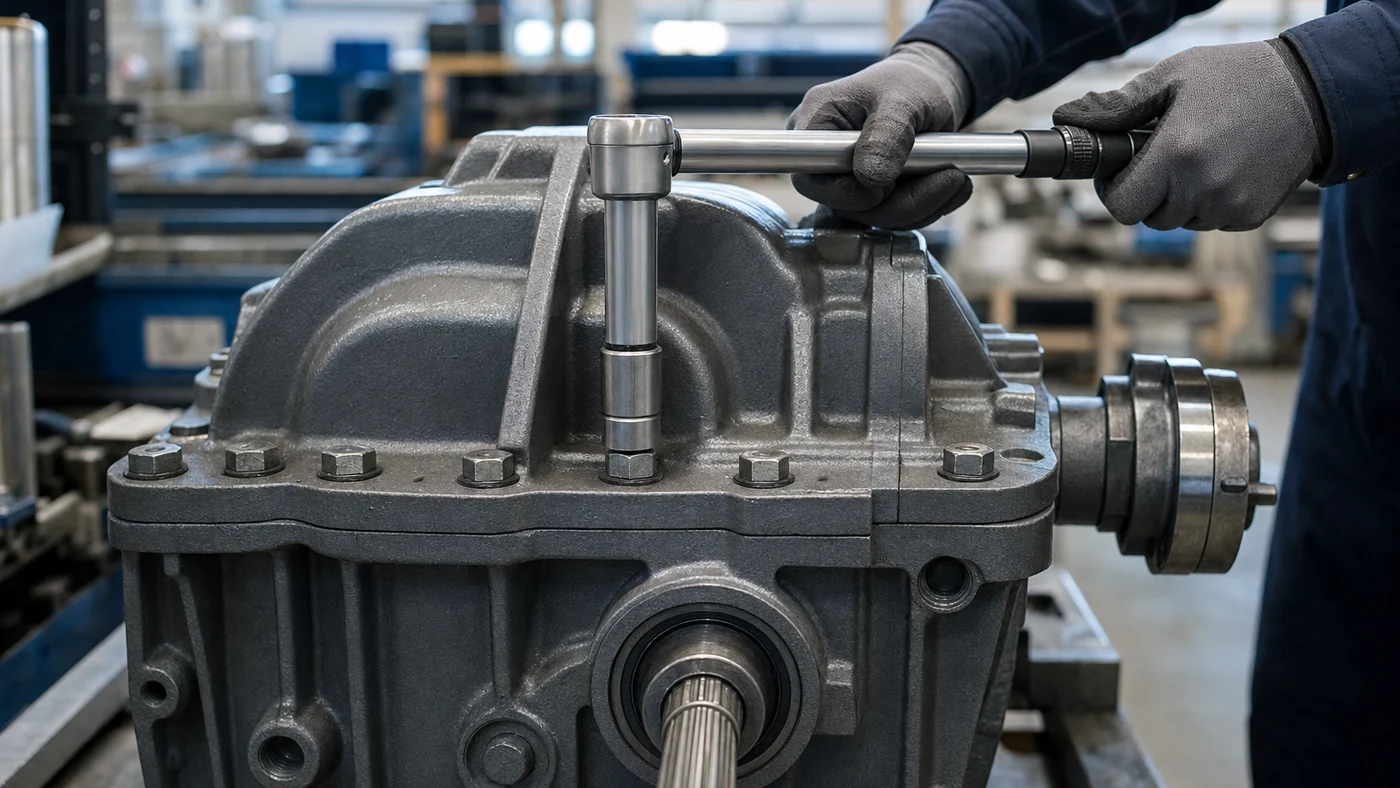 Gloved hands using a long steel torque wrench and socket to tighten a hex bolt on the flange of a grey cast-iron gearbox housing in a workshop