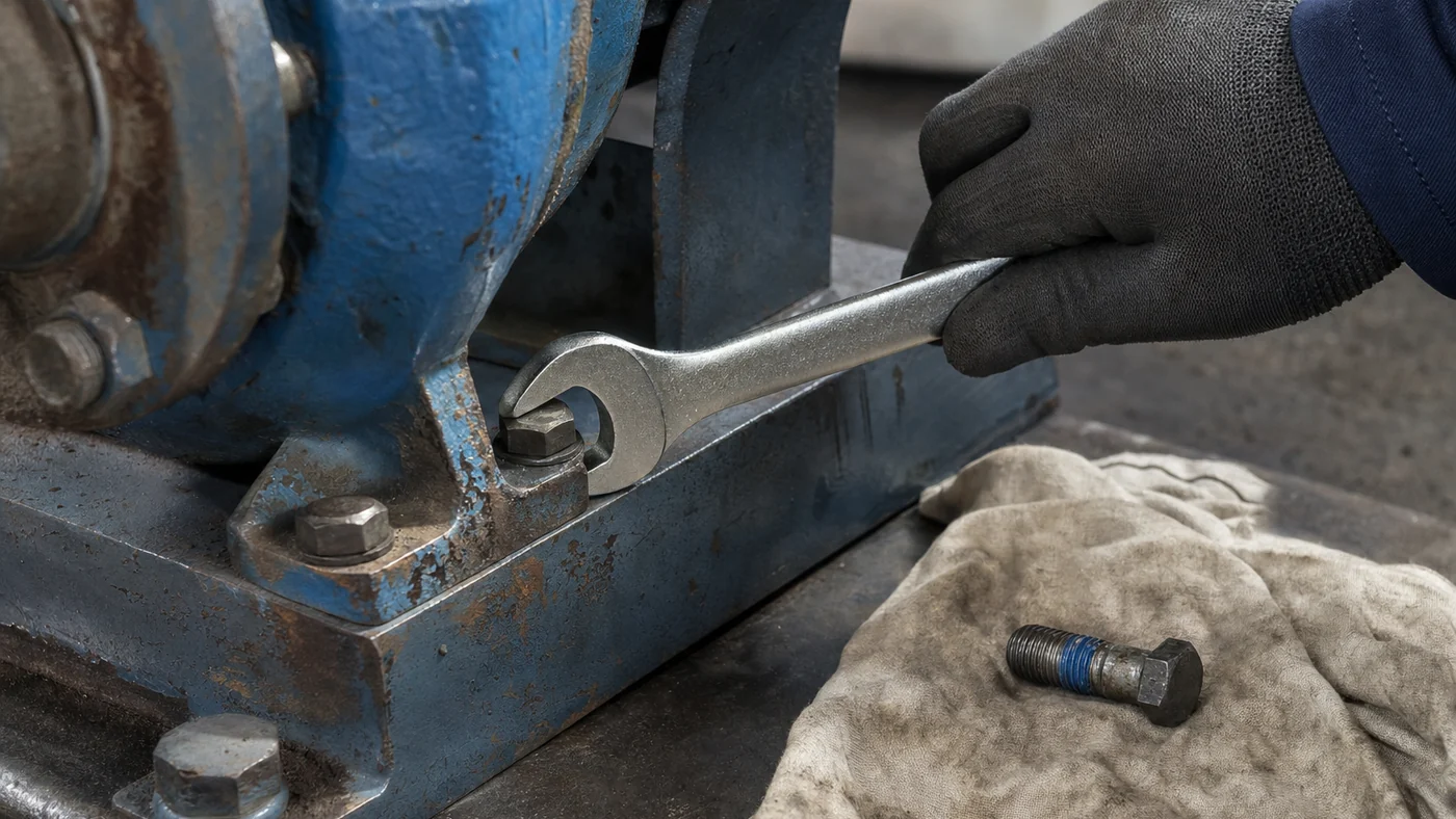 Gloved hand loosening a hex bolt on the base of a blue industrial pump with a steel open-end wrench, a removed bolt with dried blue residue on its threads lying on a shop rag