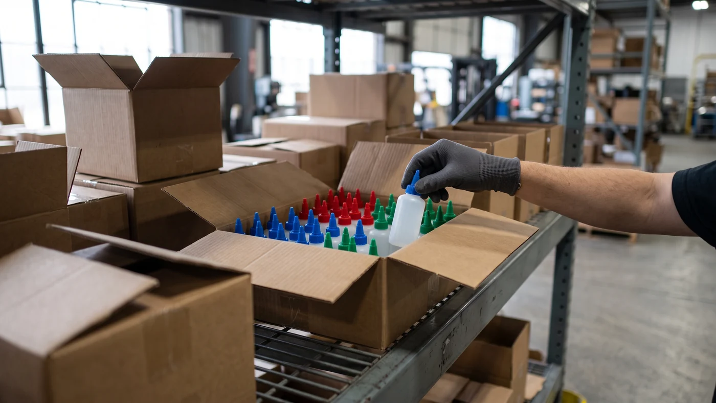 Open carton of small plain plastic adhesive bottles with blue, red and green pointed caps on a warehouse shelf, a gloved hand lifting one bottle