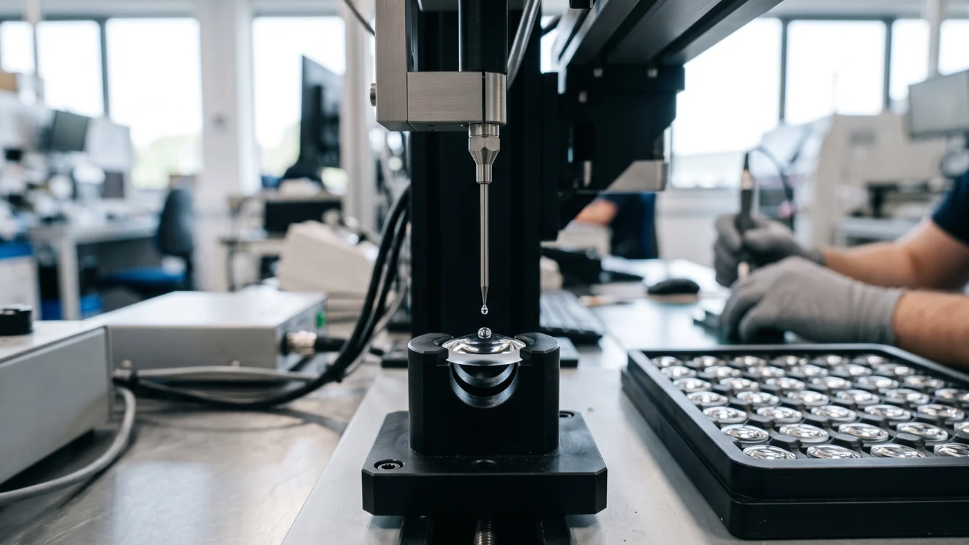 Benchtop dispensing robot with a fine steel needle placing a small drop of clear adhesive on a glass lens held in a black fixture, a tray of lenses beside it
