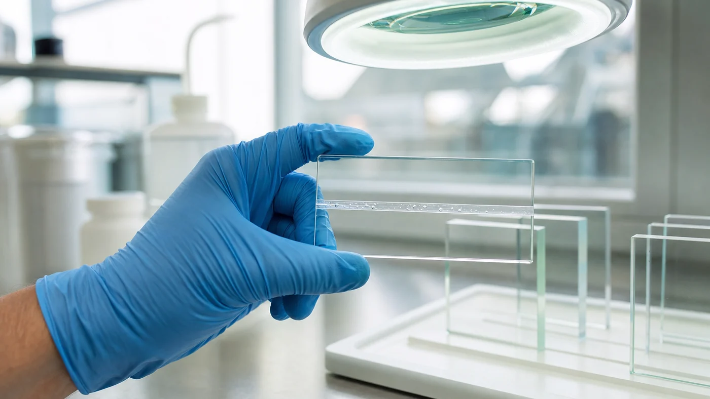 Gloved hand holding a bonded clear test sample under an illuminated magnifier lamp, checking the adhesive line for bubbles, other clear samples on a white tray