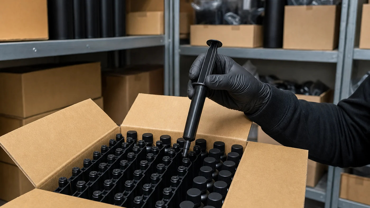 Open carton of small opaque black syringes and black plastic bottles on a storage shelf, a gloved hand lifting one black syringe