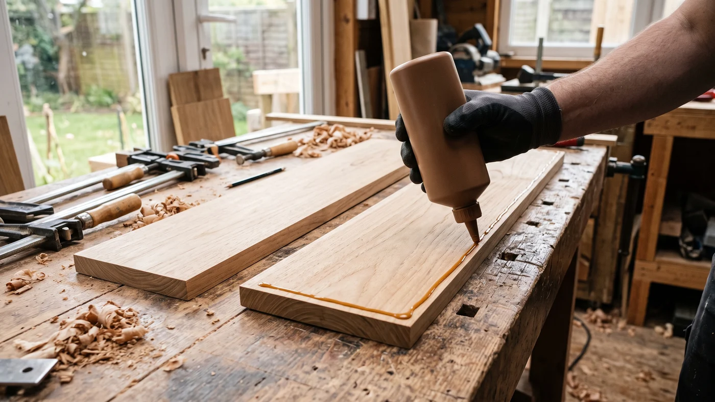 Gloved hand squeezing a plain brown glue bottle to lay a bead of honey-coloured polyurethane glue along a light hardwood board, bar clamps beside it